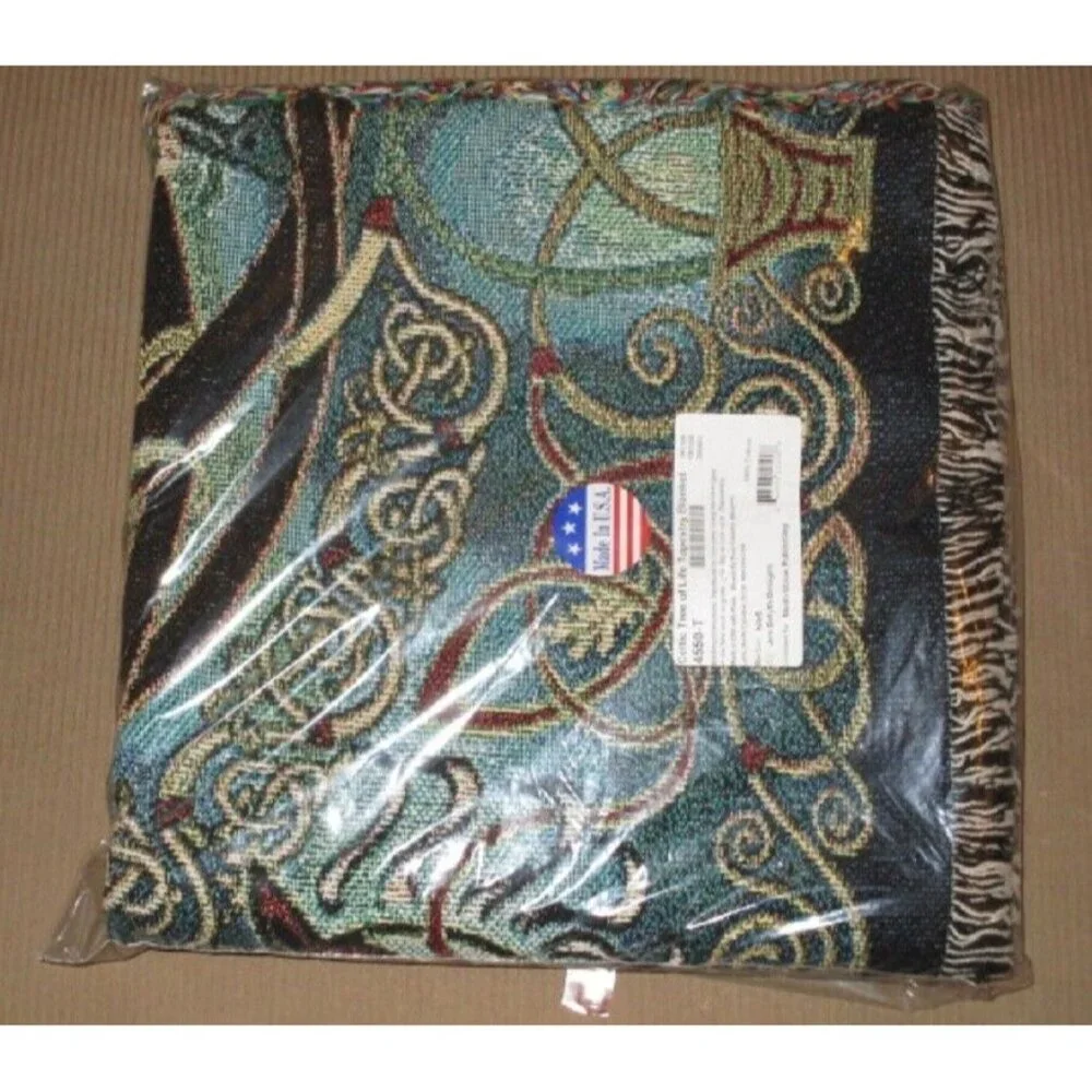 Celtic Tree of Life Woven Throw Blanket - Teal Black